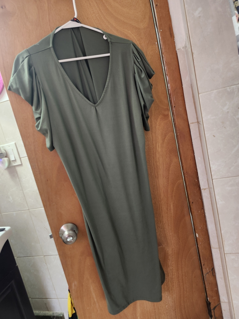 Olive Green V-Neck Midi Dress
